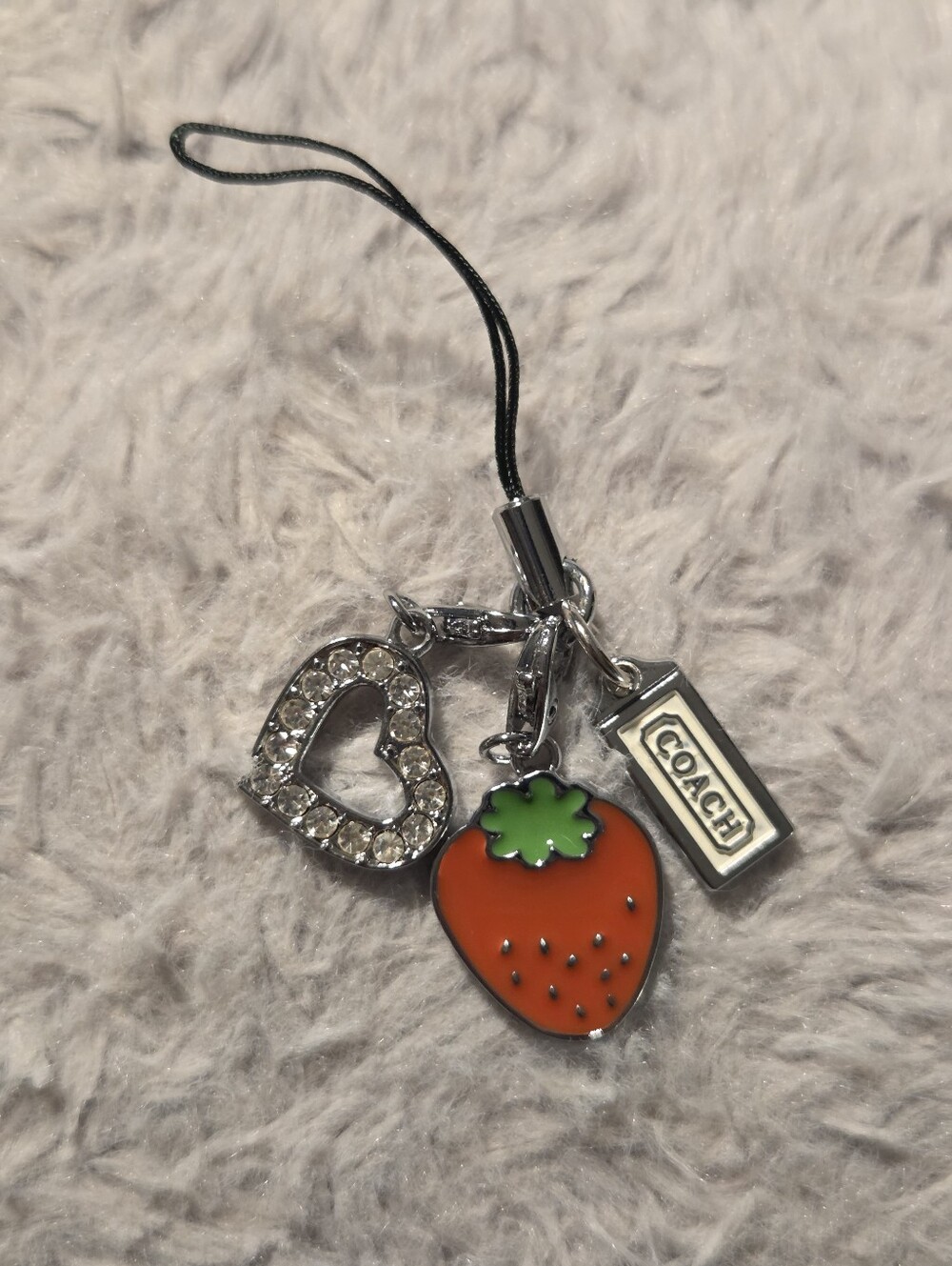 Vintage Multi-Charm Accessory Strap – Strawberry & Rhinestone Heart,EUC